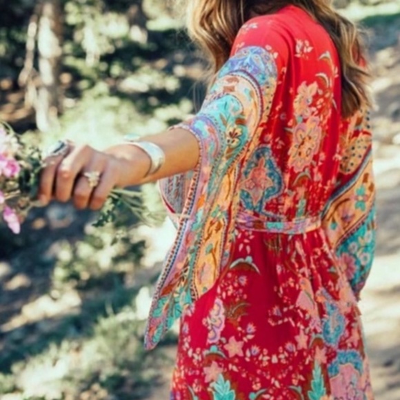 Sweaters - 056 Boho gypsy wide sleeve red Midi dress cover up